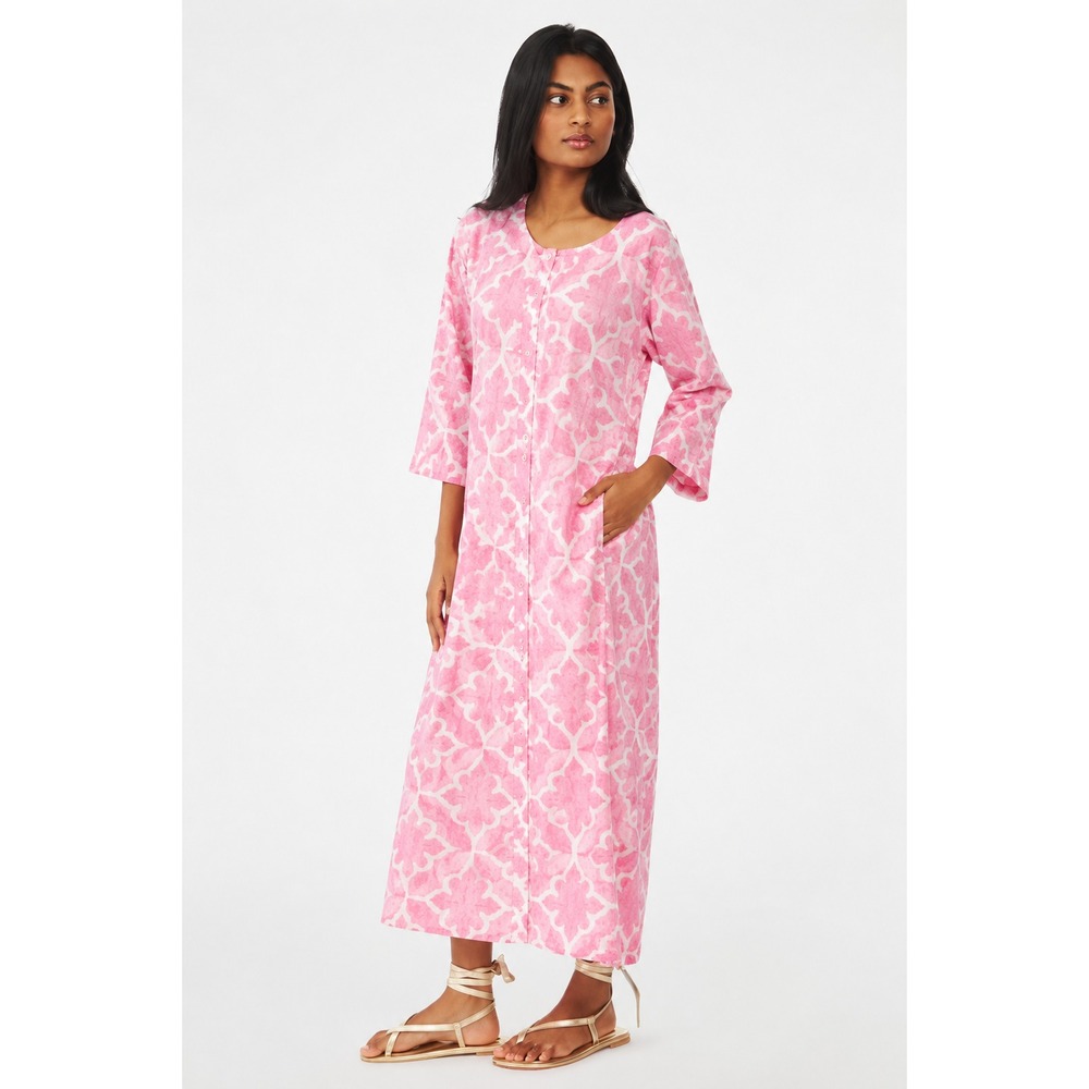 Roller Rabbit Tunic Long Dress Caftan S Pink Print Midi Maxi Pockets Boho Resort